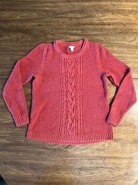 LL Bean Cable Knit Sweater L Rust Orange Coastal Cabin Fisherman Cotton Speckled